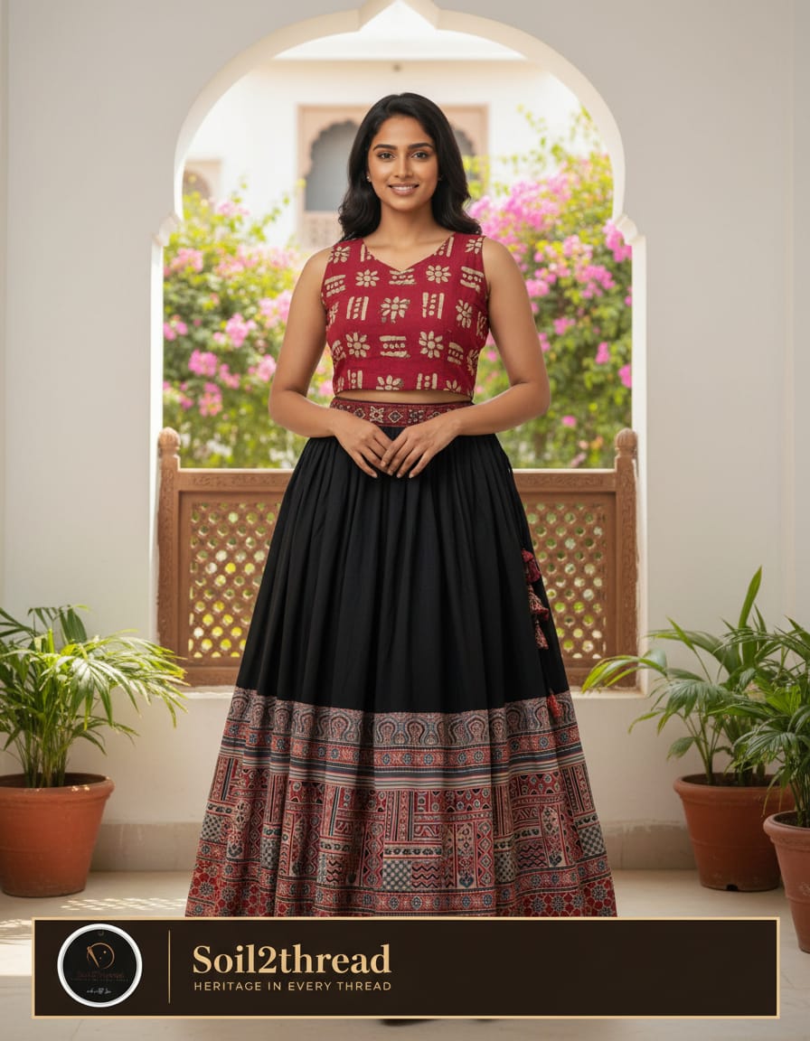 Ajrakh skirt and hand block printed crop top