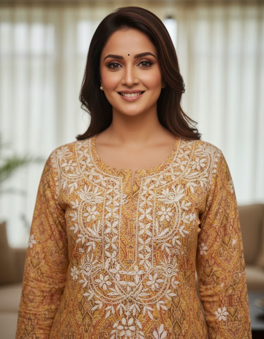 Yellow printed chikankari kurti