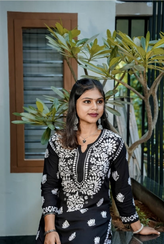 Modal cotton heavy work kurta palazzo set - Black