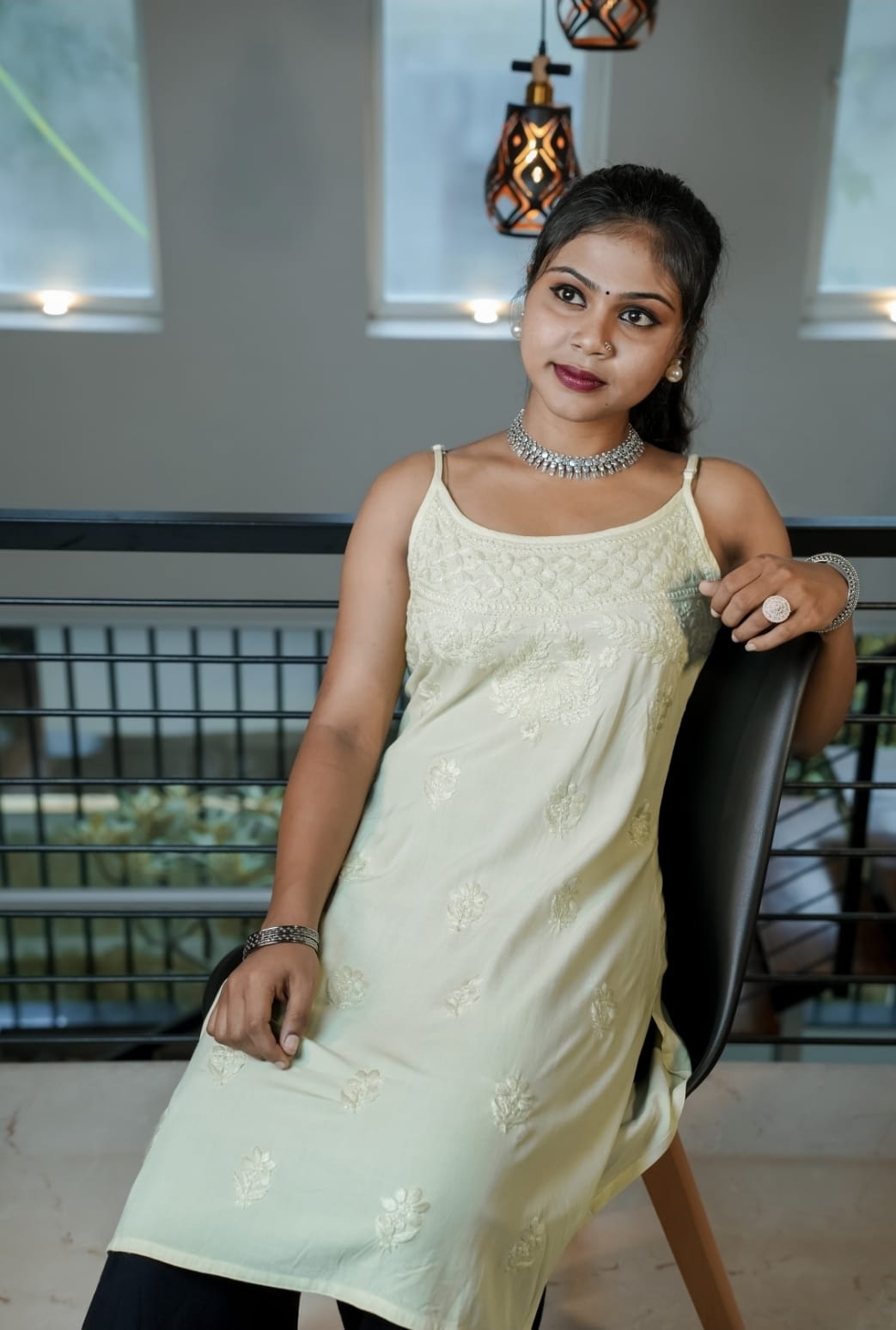 Chikankari Spagetti Top - Olive green