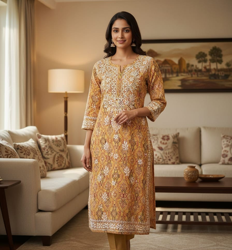 Yellow printed chikankari kurti
