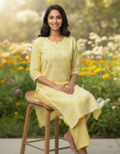 Yellow floral chikankari kurti