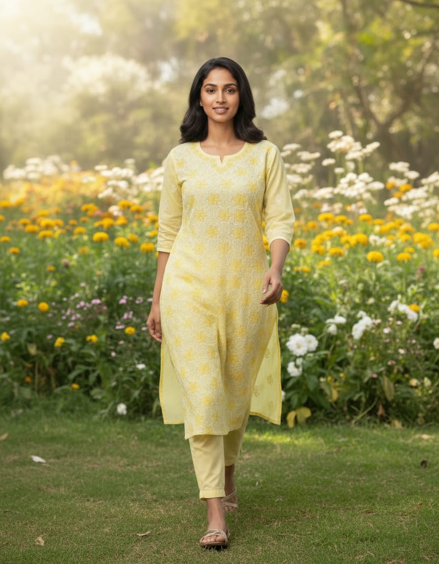 Yellow floral chikankari kurti
