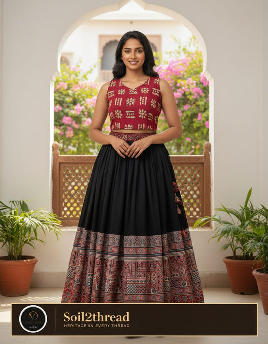 Ajrakh skirt and hand block printed crop top