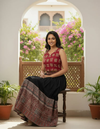 Ajrakh skirt and hand block printed crop top