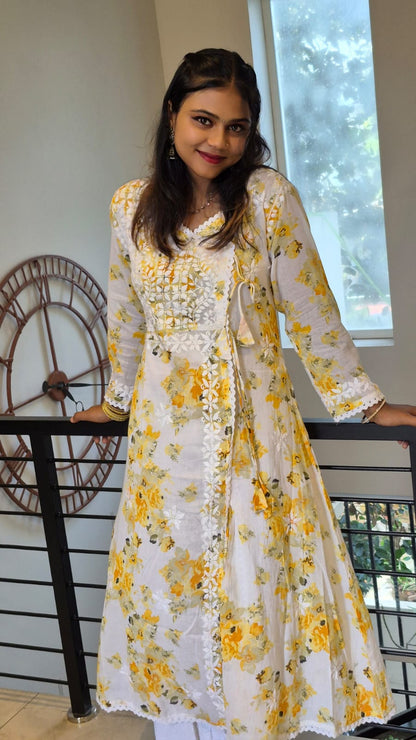 Yellow floral Angarkha with chikankari work