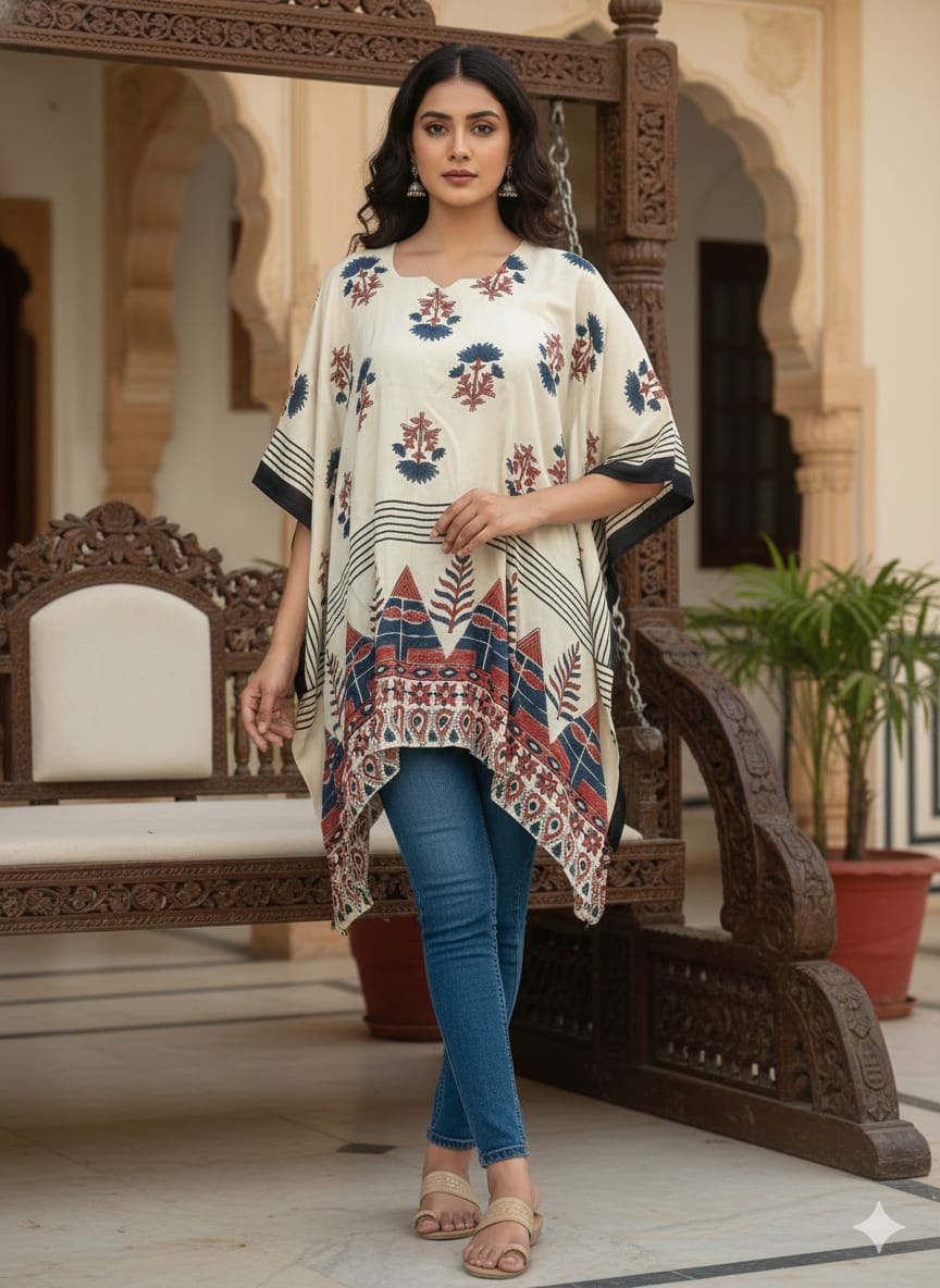 Modal ajrakh short kaftan-off white