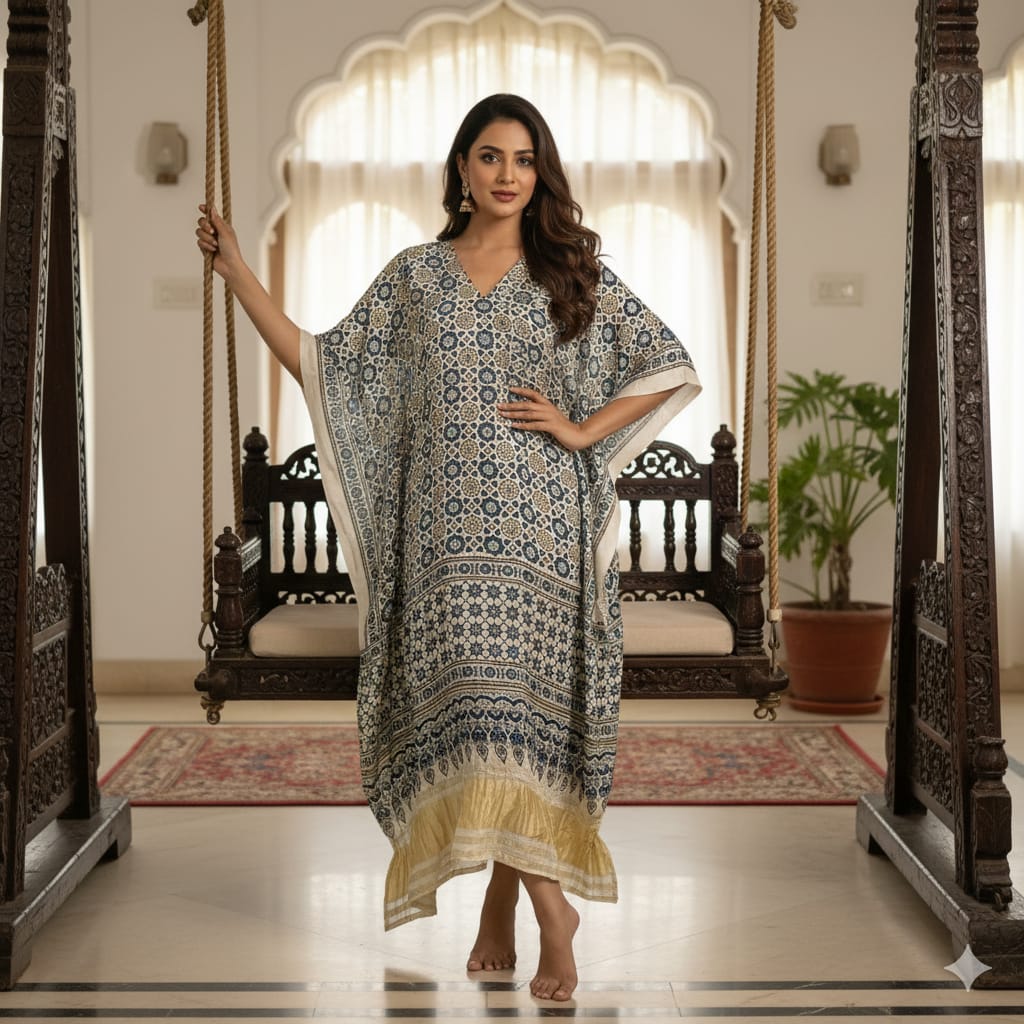 Modal Ajrakh kaftan-off white