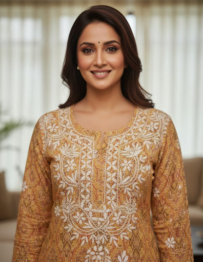 Yellow printed chikankari kurti