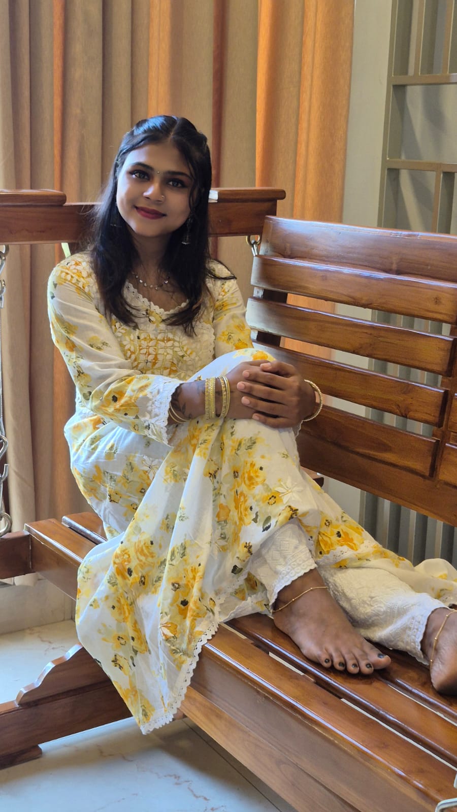 Yellow floral Angarkha with chikankari work