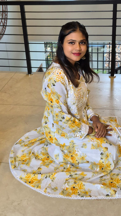 Yellow floral Angarkha with chikankari work