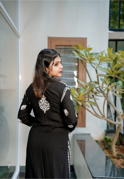 Modal cotton heavy work kurta palazzo set - Black