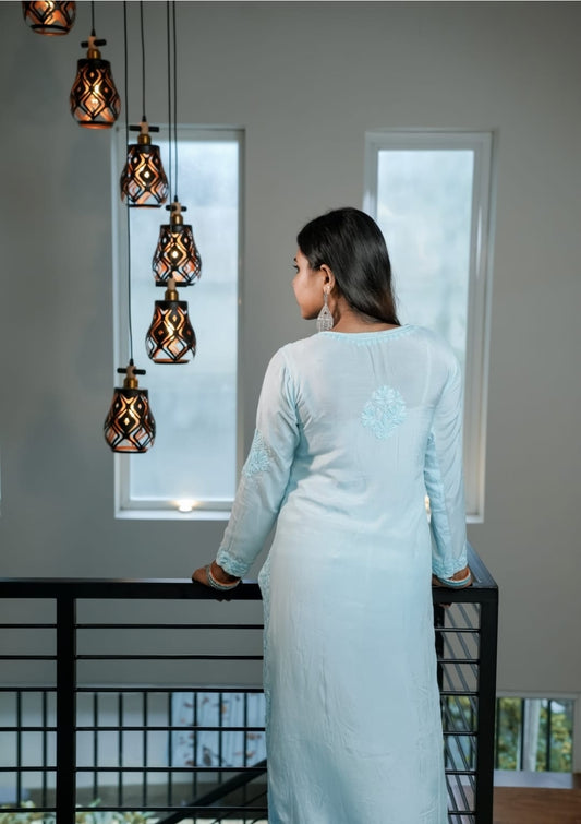 Muslin Chikankari kurti- Blue