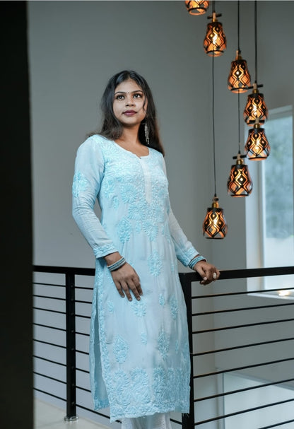 Muslin Chikankari kurti- Blue