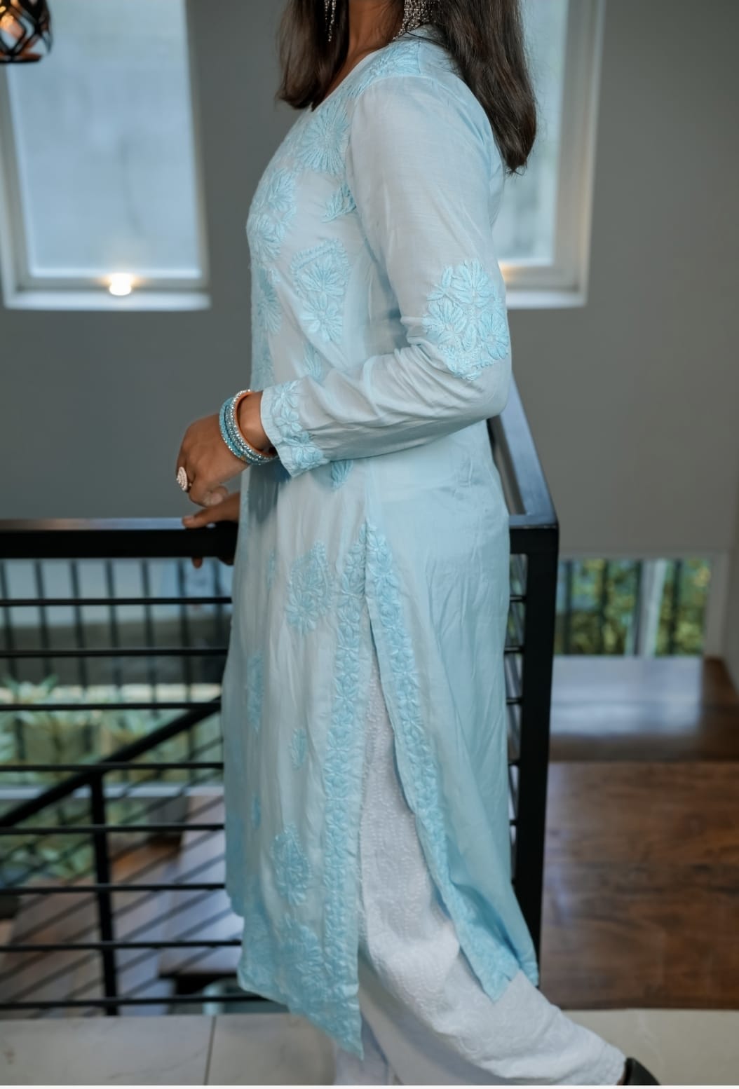 Muslin Chikankari kurti- Blue
