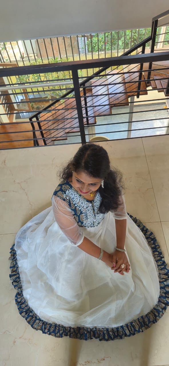 Ajrakh anarkali with chikankari work