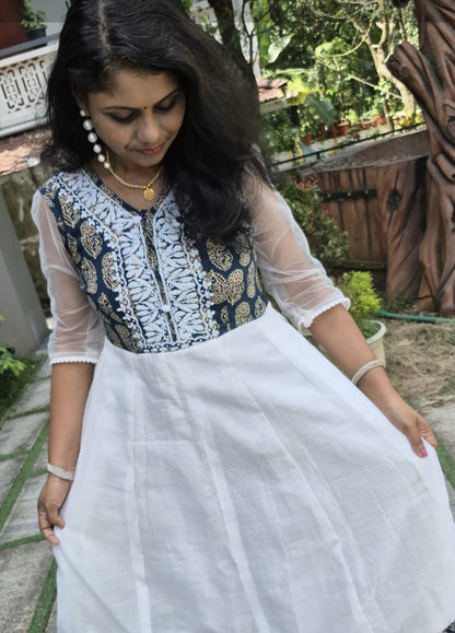 Ajrakh anarkali with chikankari work