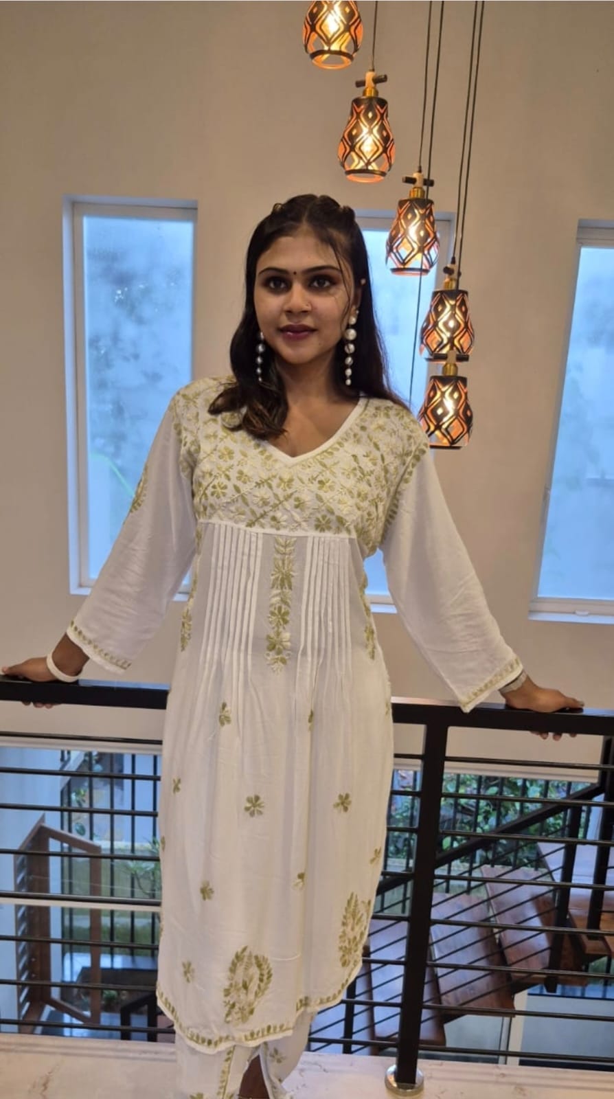 Rayon chikankari kurta with tulip pant -White