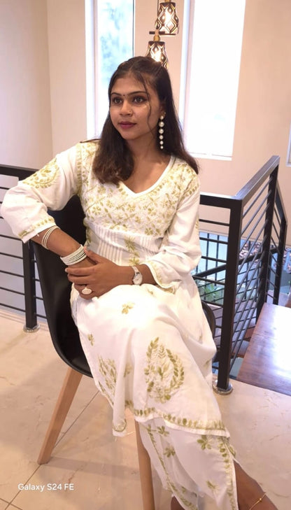 Rayon chikankari kurta with tulip pant -White